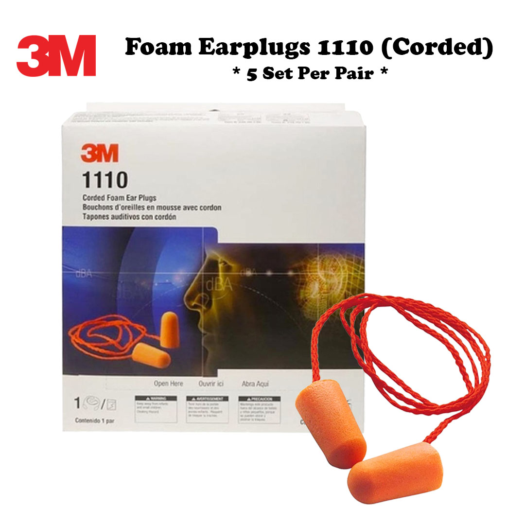 3M Foam Earplugs 1110, Corded (5 Pair/Set)